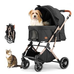 EchoSmile Small Medium Dogs Stroller 4-Wheel Pet Strollers for Medium Dogs Up to 50lbs, One Click Folding Large Cat Stroller, Reversible Handle, Shock Absorbing Wheels, Removable Washable Pad (Black)