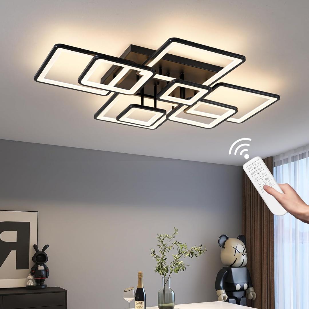 Shine LUEST Modern LED Ceiling Light, Dimmable LED Chandelier Black Flush Mount Ceiling Lights, Remote Control Acrylic Ring Ceiling Lamp Fixture for Living Room Dining Room Bedroom, 8HFANGBL04
