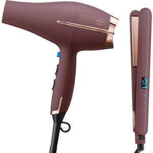 Conair Limited Edition Bundle | INFINITIPRO by CONAIR Hair Dryer with Diffuser - and - Conair Double Ceramic 1-inch Digital Flat Iron | Plum | 