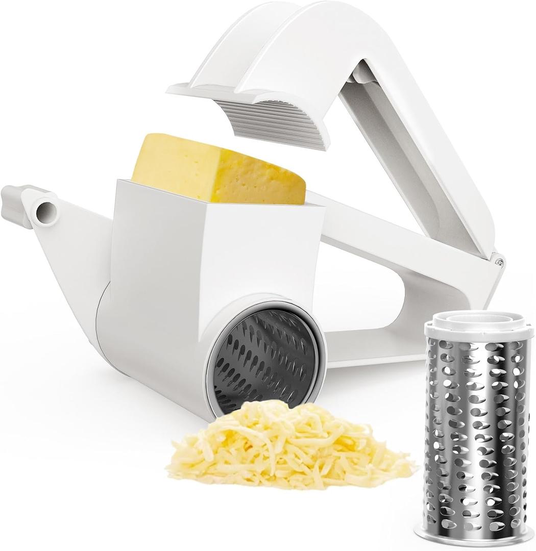 Cheese Grater with Handle, Rotary Cheese Grater,Vegetable, Chocolate, Hard Cheese & Nut Grater,White