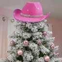 Pink Christmas Tree Cowgirl Topper Hat 12 Inch Rhinestone Western Cowboy Glitter Xmas Tree Top Decoration Cowgirl Doll Topper Hat Xmas Desktop Decor for Christmas Winter Home Party Decor