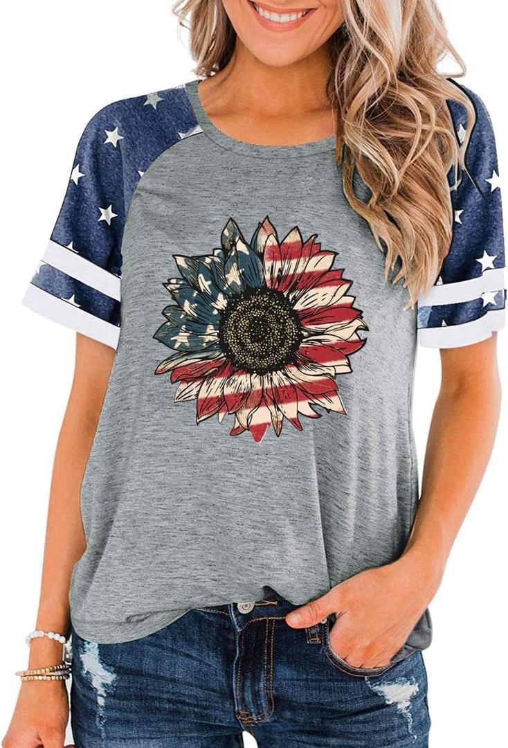 Patriotic Shirts for Women 4th of July T Shirts American Flag Graphic Tees Tops Raglan Short Sleeve Fourth of July Outfits (Medium, Grey Sunflower)