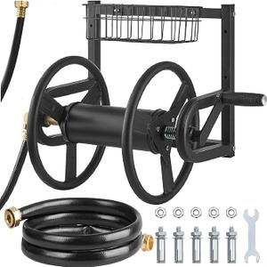 VEVOR Wall Mounted Garden Hose Reel, Holds 125 ft 5/8-inch Hose, Heavy-Duty Water Hose Winder, Space-Saving Design, Outdoor Manual Reel with Brass Fitting and Storage Basket for Yard Lawn