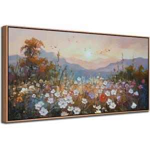 Framed Landscape Wall Art Canvas Painting Large Wall Decor for Living Room, Nature Wildflower Picture Scenry Rural Artwork Textured Large for Bedroom Dining Room Kitchen Home Office 48"x24"