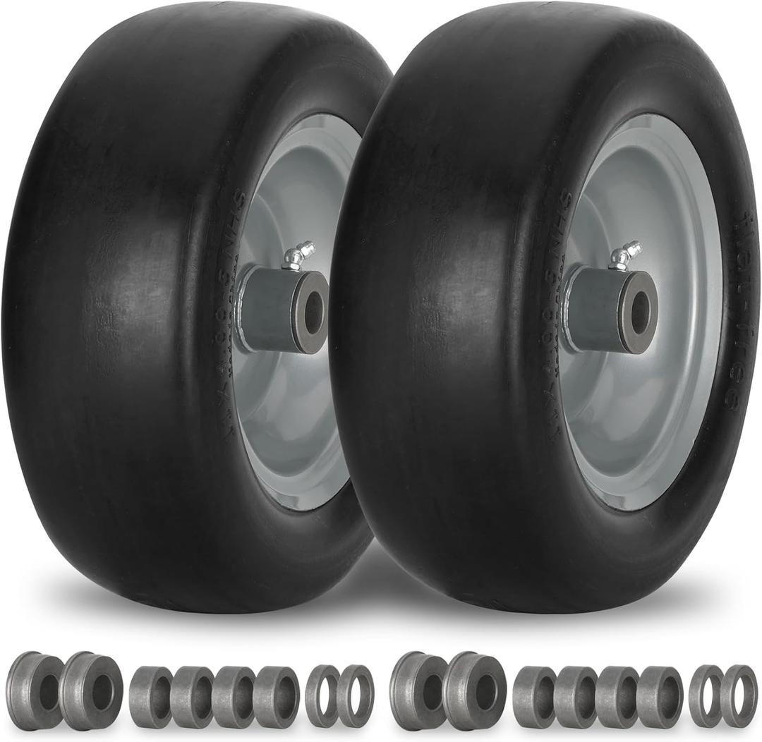 2 PCS 11x4.00-5" Flat Free Lawn Mower Tire on Wheel, 3/4" or 5/8" Bushing, 3.4"-4"-4.5-5" Centered Hub, Universal Fit Smooth Tread Tire for Zero Turn Lawn Mowers, with Universal Adapter Kit