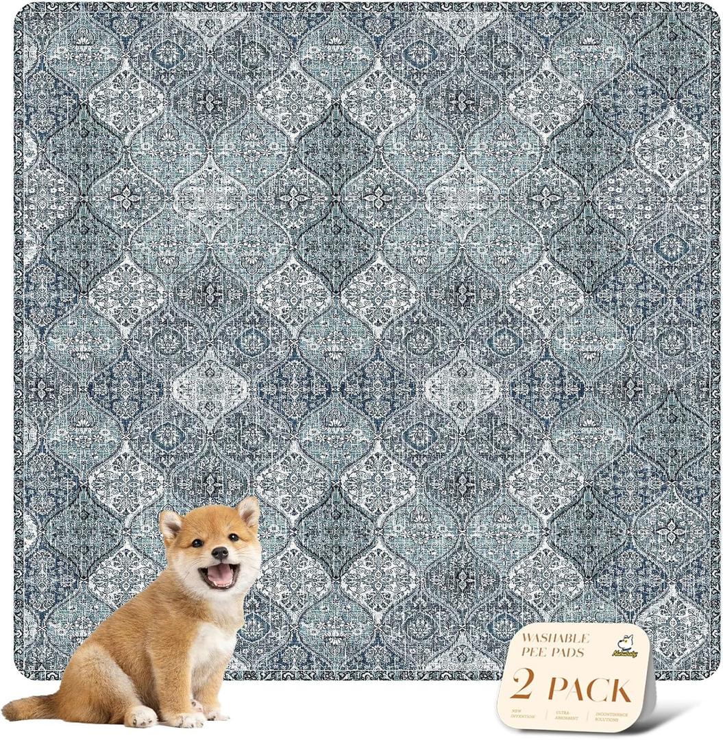 nunubaby Washable Pee Pads for Dogs, Stylish, Non-Slip and Leak-Proof Pee Pads. Reusable Potty Pads for Dogs for Crates and Floors.(Blue/Multi, 36" x36" ) (36x36 Inch (Pack of 2)