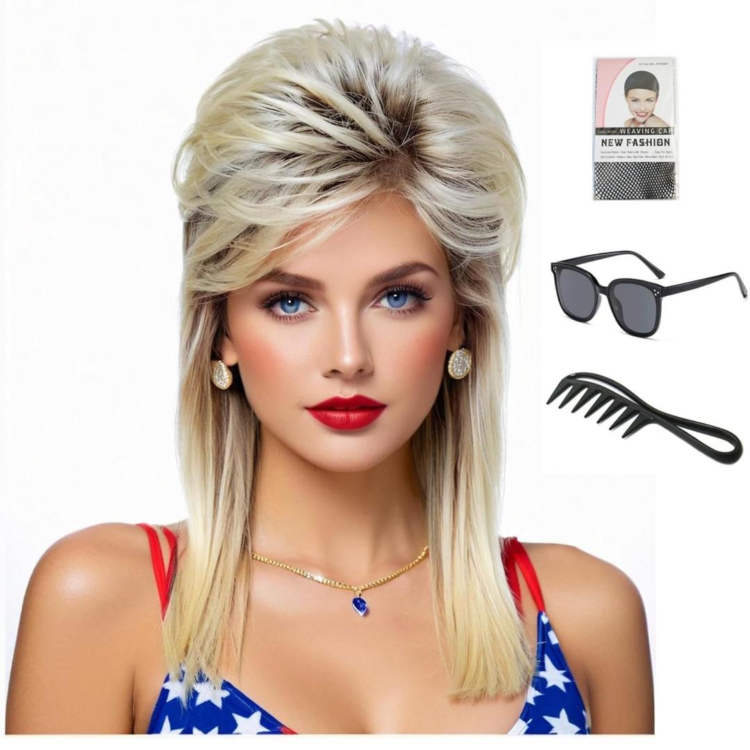 Mullet Wigs for Women Curly Shoulder Length Fluffy Hair 70s 80s Rocker Party Cosplay Synthetic Wigs (Blonde Mix Black)