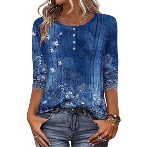 Zeagoo 3/4 Length Sleeve Women Tops Crew Neck Blouses Dressy Casual Summer T Shirts Loose Fit Business Work Clothes (Blue, M)