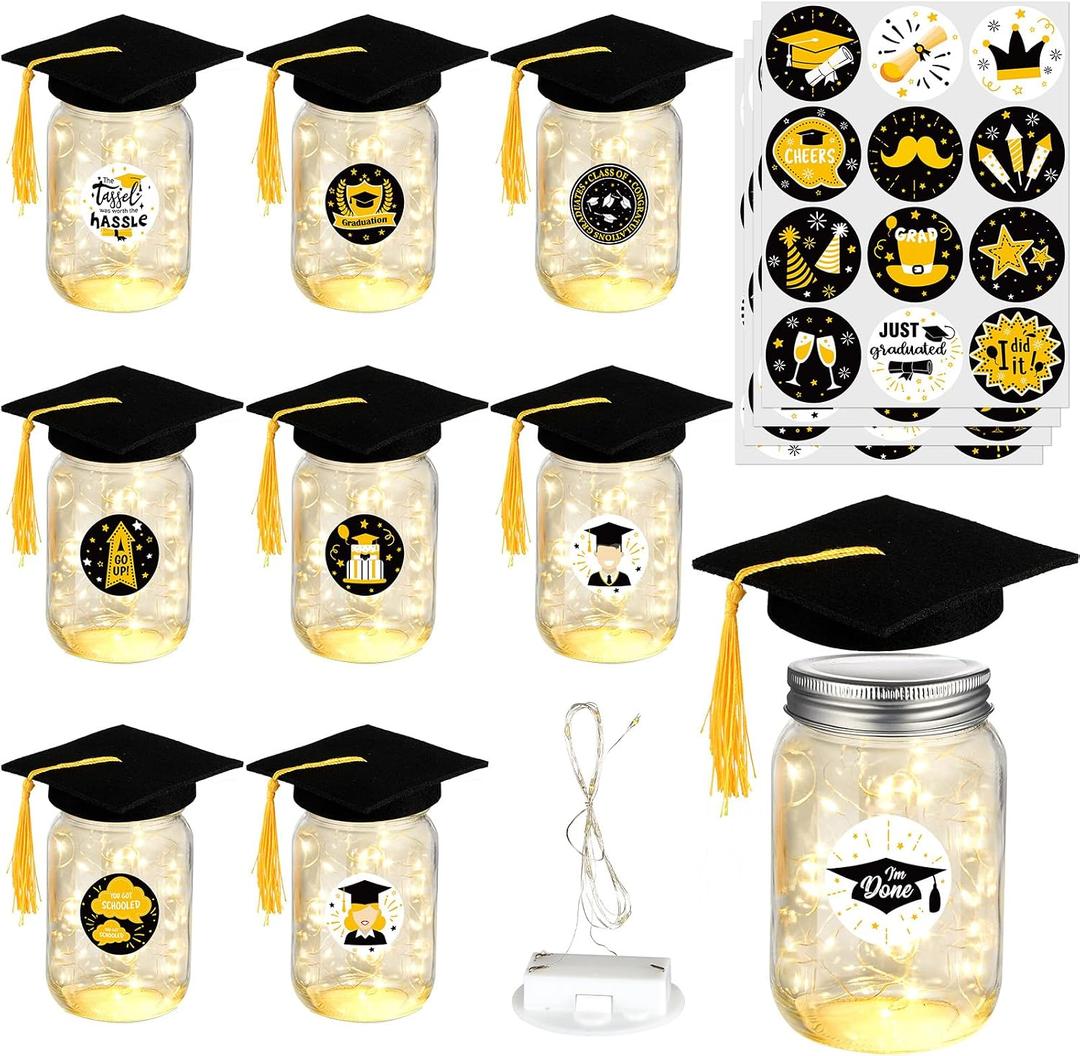 8 Pack 2026 Graduation Centerpieces for Tables Mason Jar Centerpieces with LED Lights Graduation Party Decorations Set with Caps and Stickers for High School College Congrats Grad Decor Supplies