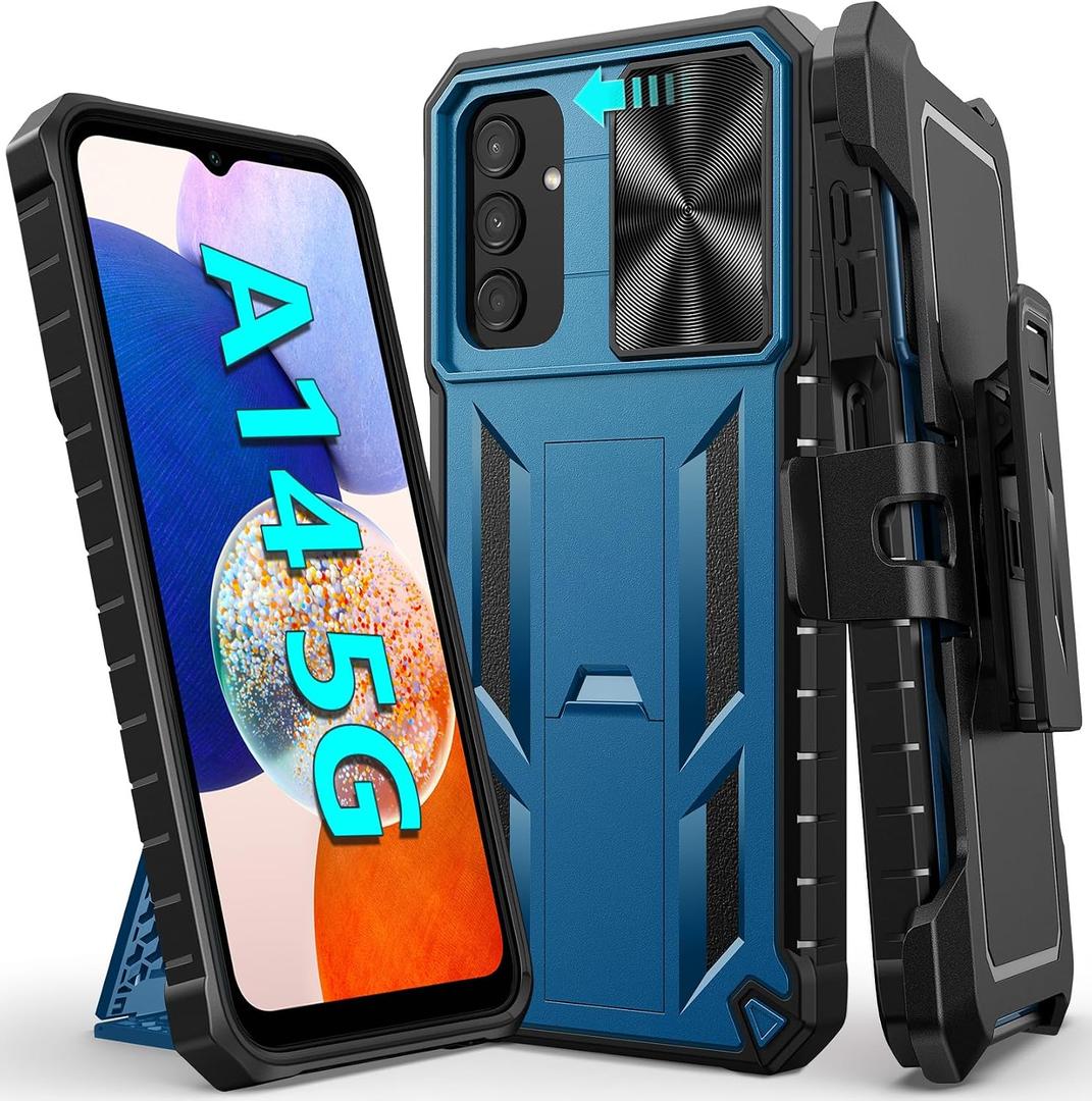 FNTCASE Case for Samsung Galaxy A14-5G: Protective Shockproof Rugged A14 Cell Phone Cover Cases with Belt Clip Holster Kickstand & Slide | Textured Tough Military Grade Drop Proof Protection - Blue
