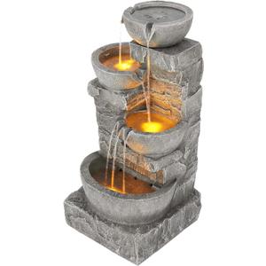Teamson Home 33.25 in. Cascading Bowls and Stacked Stones LED Outdoor Water Fountain for Gardens, Landscaping, Patios, Balconies, and Lawns for a Calming Oasis in Outdoor Living Spaces, Stone Gray