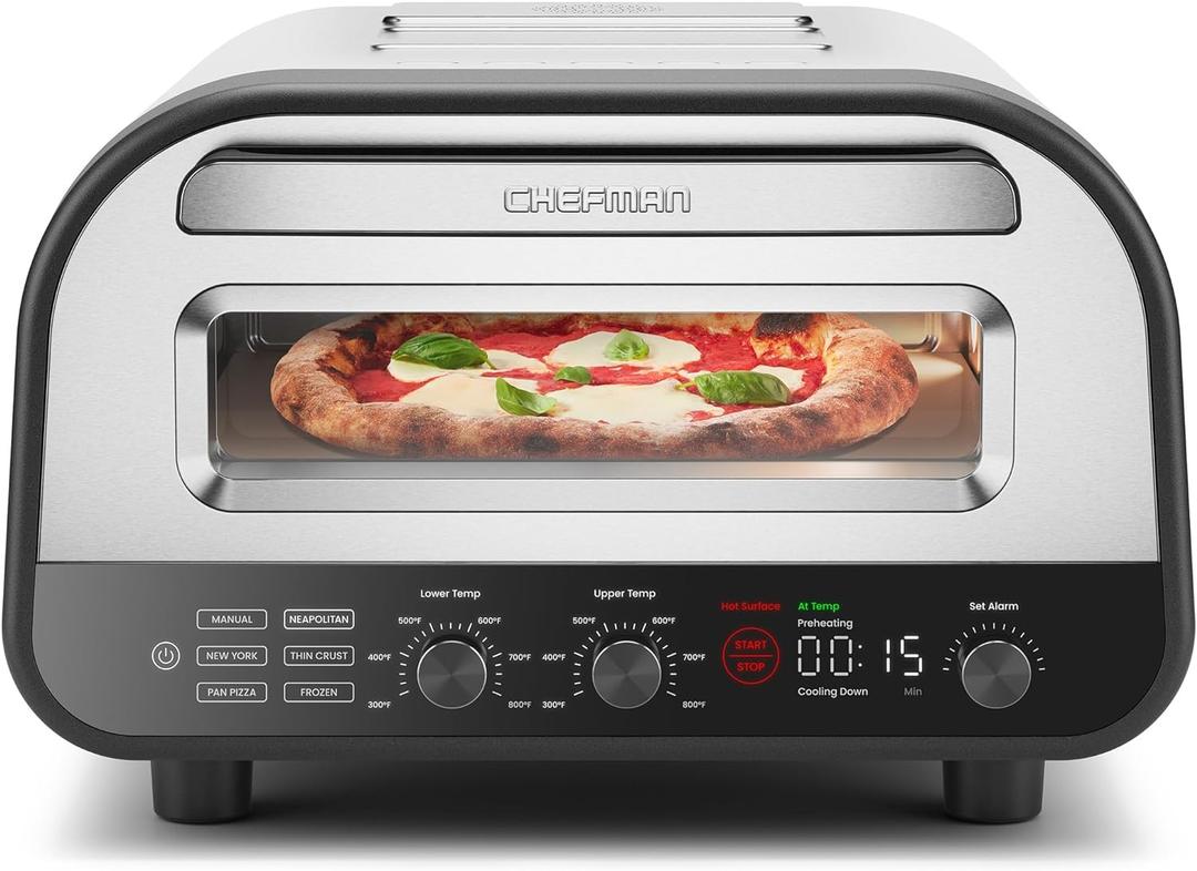 CHEFMAN Indoor Pizza Oven - Makes 12 Inch Pizzas in Minutes, Heats up to 800F - Countertop Electric Pizza Maker with 5 Touchscreen Presets, Pizza Stone and Peel Included - Stainless Steel