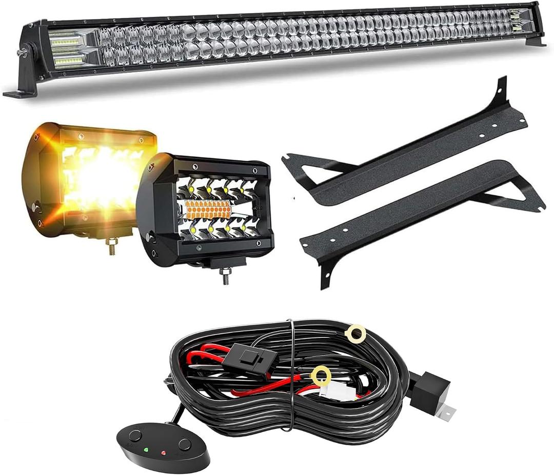 5D 52inch 300W LED Light Bar + 4 inch White/Amber Yellow LED Pods Strobe Fog Light Spot Flood Offroad with Upper Windshield Mounting Brackets Switch Wiring Harness Fit For 1997-2006 Wrangler TJ