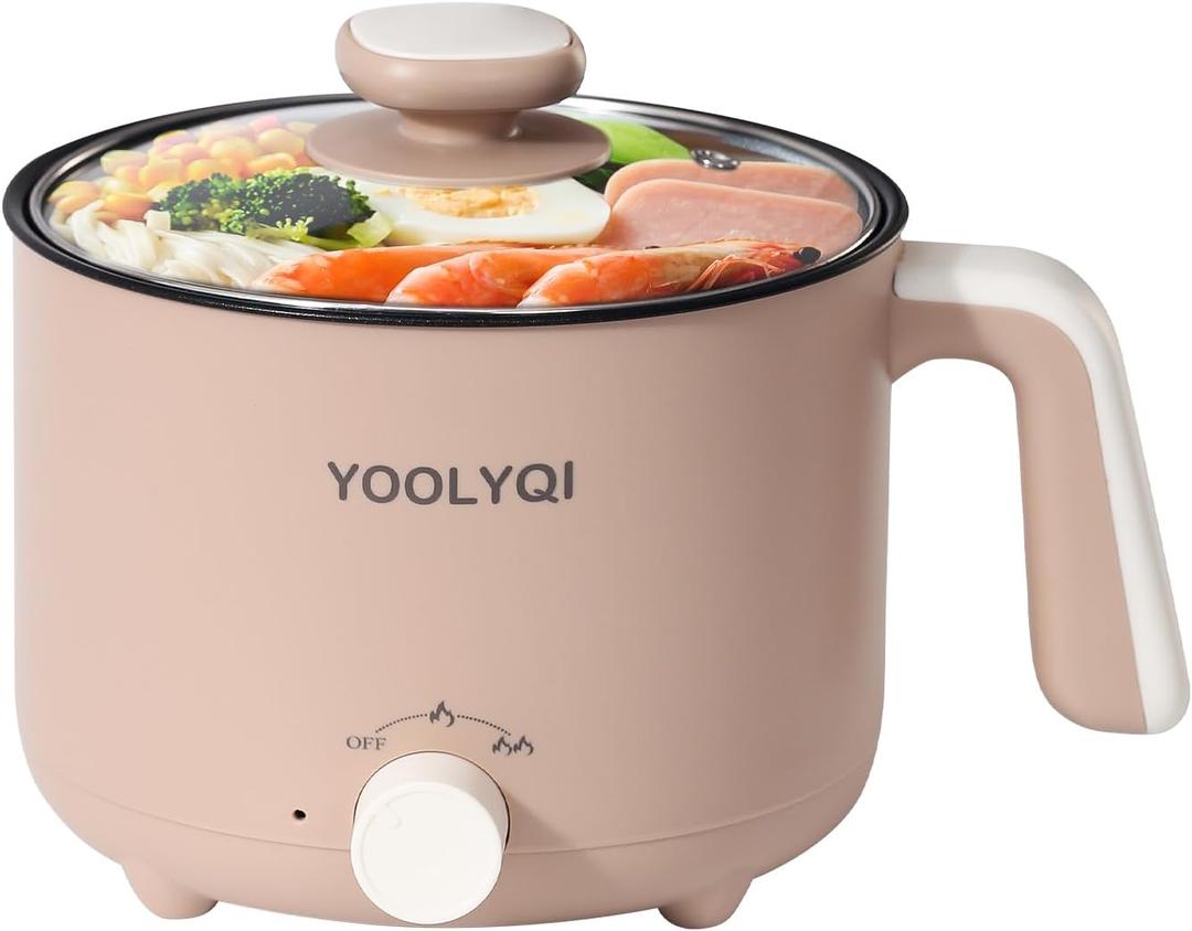 Hot Pot Electric : 1.5L Mini Ramen Cooker with 2 Temp Settings, Portable Lazy Pot Dorm, Office Must Have for Ramen/Noodles/Soup/Oatmeal (1.6 Quarts, Khaki)