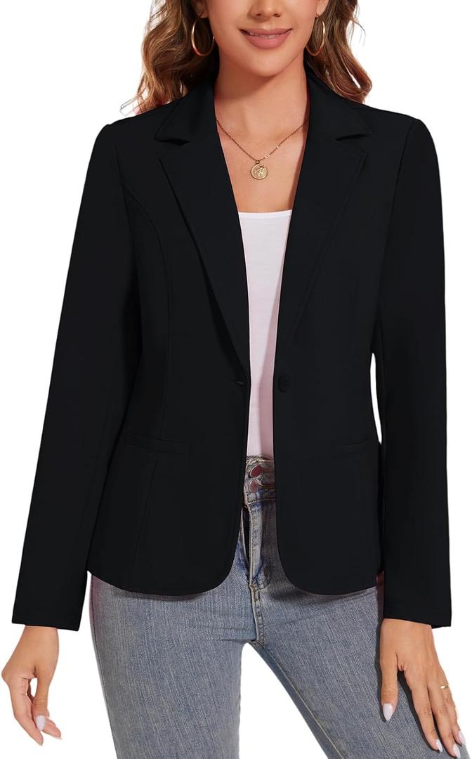Women's Button Front Blazer Jackets Long Sleeve Lapel Business Casual Office Work Lightweight Blazers with Pocket (X-Large, Black)