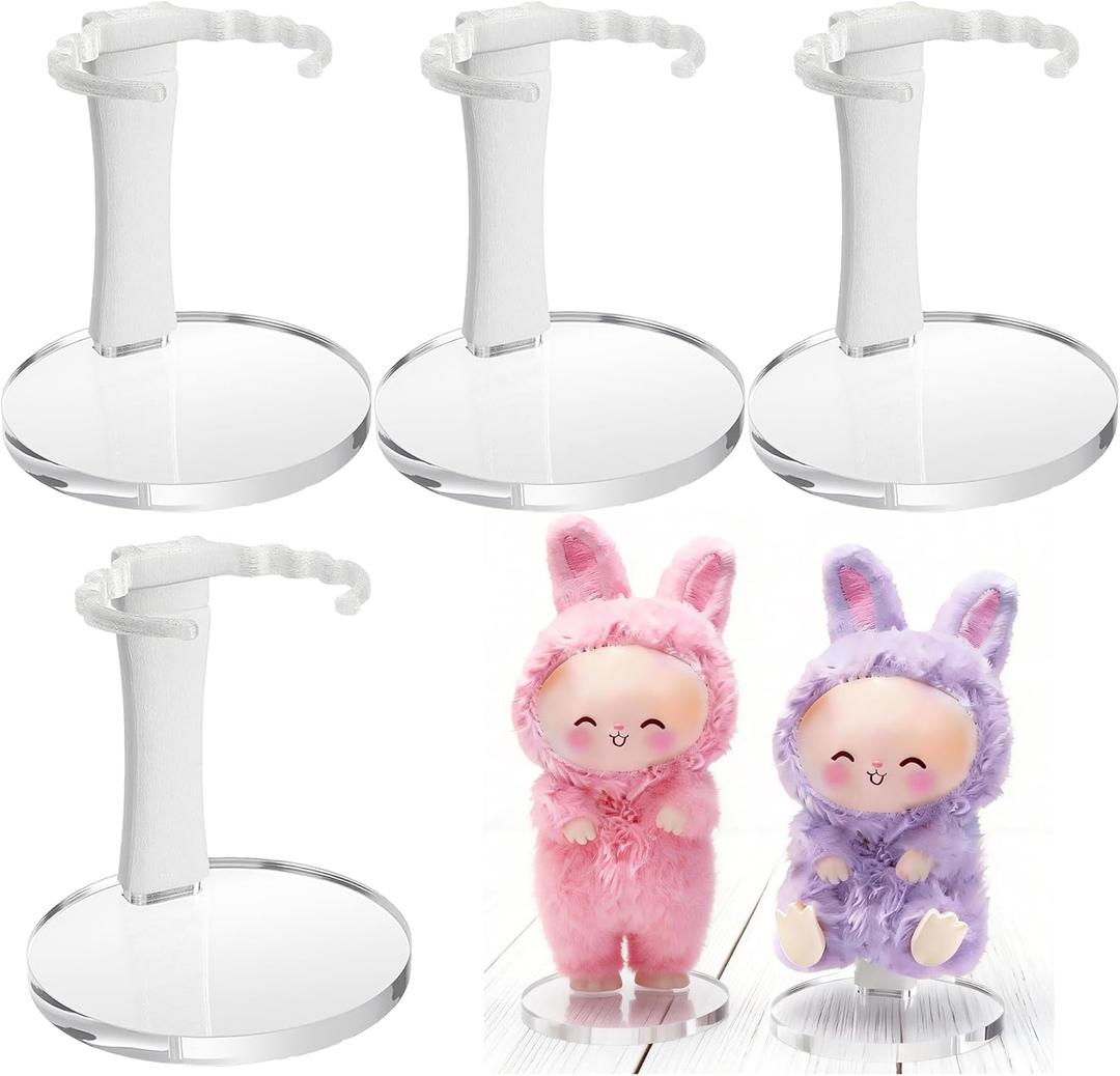Adjustable Doll Stand for Sitting & Standing Positions - Premium Acrylic Base Display Holder for 3-7" Figures (White 4 Set)
