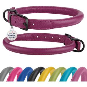 Rolled Leather Dog Collar Soft Round Design Prevents Tangling & Matting with ID Tag for Dogs (11-14 inch, Pink Berry)