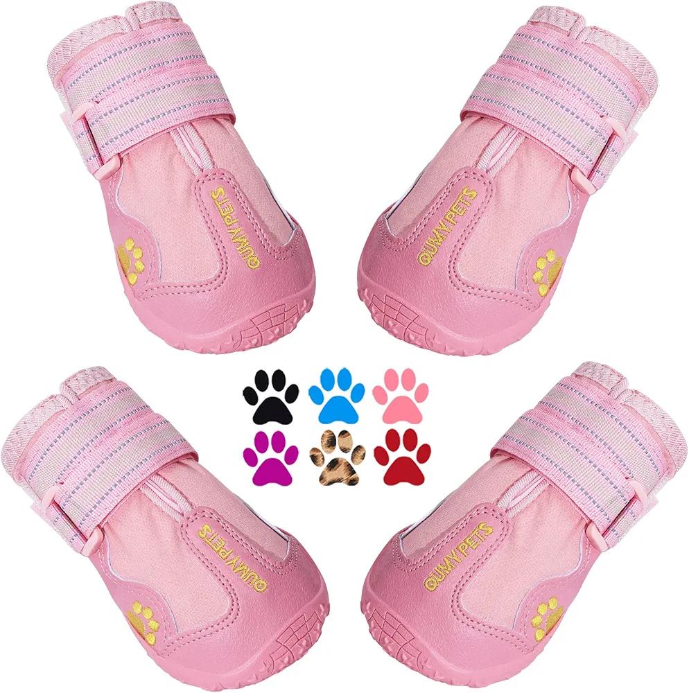 QUMY Dog Boots Waterproof Shoes for Dogs with Reflective Strips Rugged Anti-Slip Sole 4PCS/Set (Pink, Size 7: 2.8''x3.2(W*L) (Pack of 4))