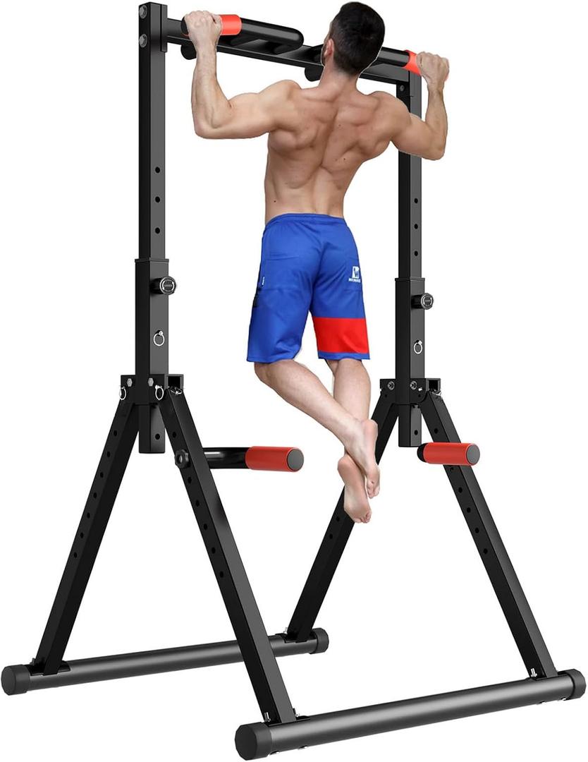 DOBESTS Foldable Power Tower Pull Up Bar Dip Station Adjustable Multifunction Workout Pull Up Tower Station Gym Strength Training Equipment for Home Outdoor, Triangular Legs, Support 700lbs (Black Style 1 - Multifunction Bar)
