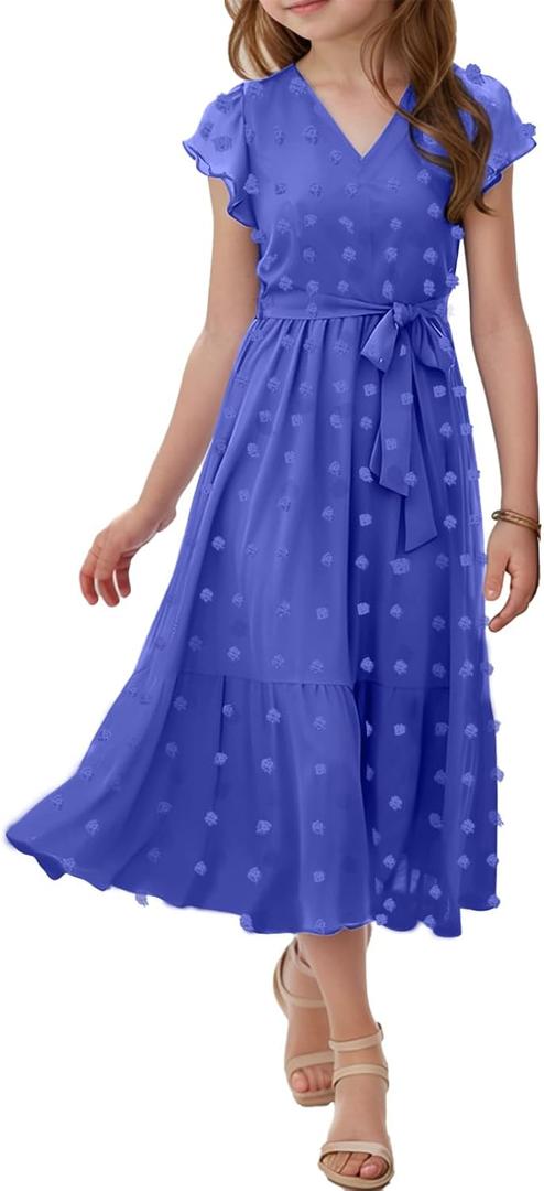 Girls Bohemian Dresses Casual V Neck Ruffle Cap Short Sleeve Swiss Dot A-Line Belt Pleated Hem Maxi Long Sun Flowy Dress (Medium)