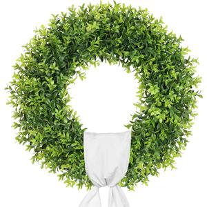 26 Inch Large Boxwood Wreath Spring Summer with Sash Artificial Green Wreaths for Front Door Farmhouse Wedding Window Hanging Wall All Year Round Indoor & Outdoor St Patrick's Day Decor