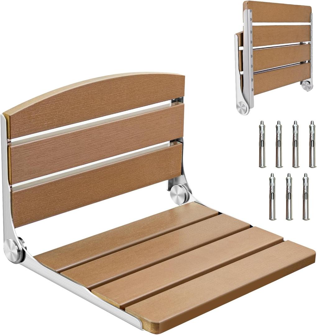 Foldable Shower Chair, 16" Folding Shower Seat Wall Mounted, Safety Furniture Stainless Steel for Elderly, Fold Down Shower Bench for Inside Shower, Pregnants-Maximum Load 400lb (Brown)