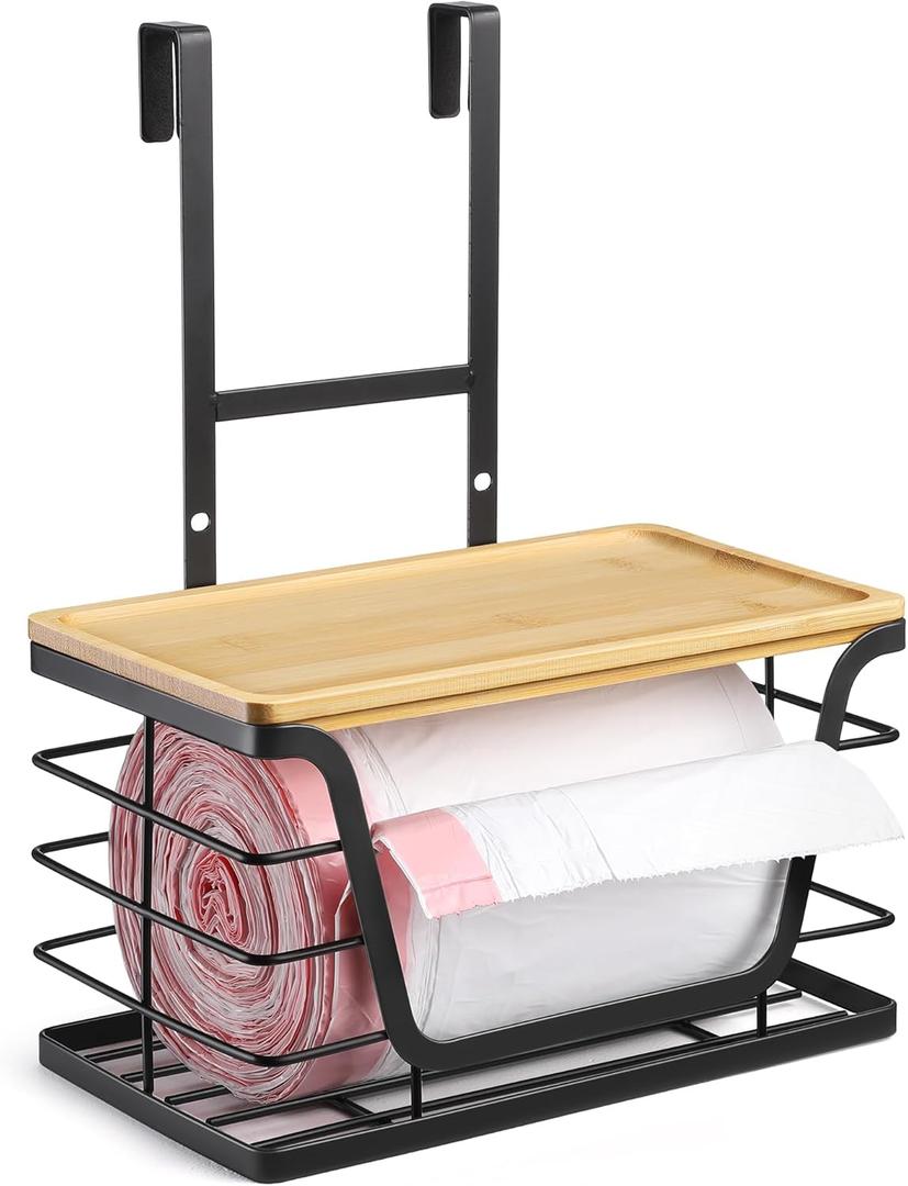 Small Trash Bag Holder - Compact Garbage Bag Holder with Stackable Bamboo Top, Adjustable Hooks for Kitchen/Laundry Room Cabinet Door - Suitable for Small Size Roll (Small 1-Pack)