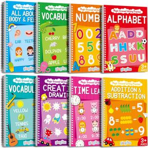 8 Pieces Magic Grooved Writing Practice Books Disappearing Ink Pens Reusable Groove Workbooks Tracing Handwriting Practice Without Tears for Kids Kindergarten Preschool Supplies, 10.2 x 7.3inch