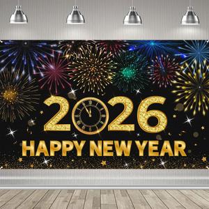 2026 Happy New Year Banner, 72x44 Inches - Golden Fabric New Year Backdrop for New Year's Eve Celebration