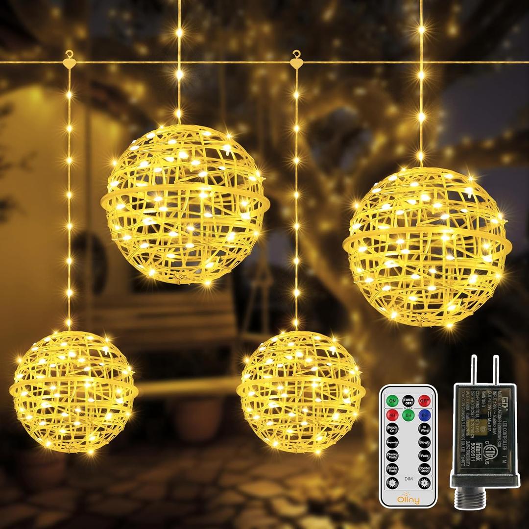 Ollny Christmas Lights Outdoor 4Pack 7.87inch, Warm White 200 LED Ball Light with Plug in Remote, 8 Modes IP67 Waterproof Connectable Sphere Tree Lights for Indoor House Yard Garage Decorations