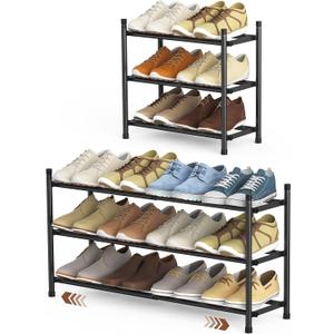 Expandable Shoe Rack, 3 Tier Shoe Rack for Closet, Stackable Adjustable Standing Metal Shoe Shelf Organizer Storage, Small Shoe Racks for Front Door EntranceEntryway(Black)