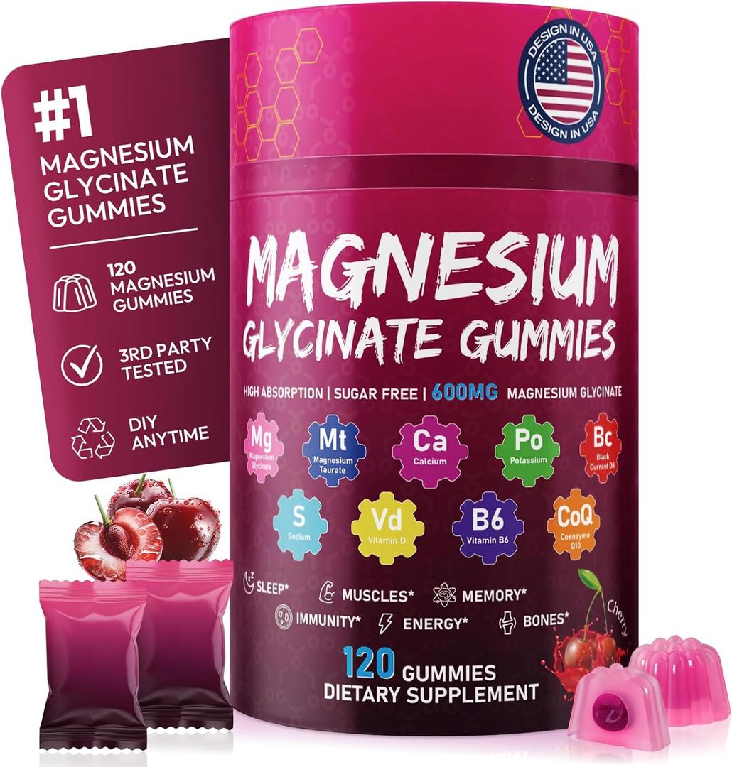 Magnesium Glycinate Gummies 600mg High Absorption Pure Magnesium Glycinate Complex for Women & Men Support Sleep, Stress & Muscle, Sugar Free, Vegan & Non-GMO Cherry, 120 Count