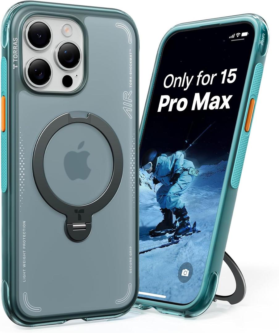 TORRAS Ostand Q3 Air for iPhone 15 Pro Max Case with MagSafe & 360 Magnetic Stand, Dynamic Airbags, Mil-Grade Protection, Camera Control, Shockproof & Stylish Case for iPhone 15 Pro Max 6.7", Blue (Glacier Sprint)