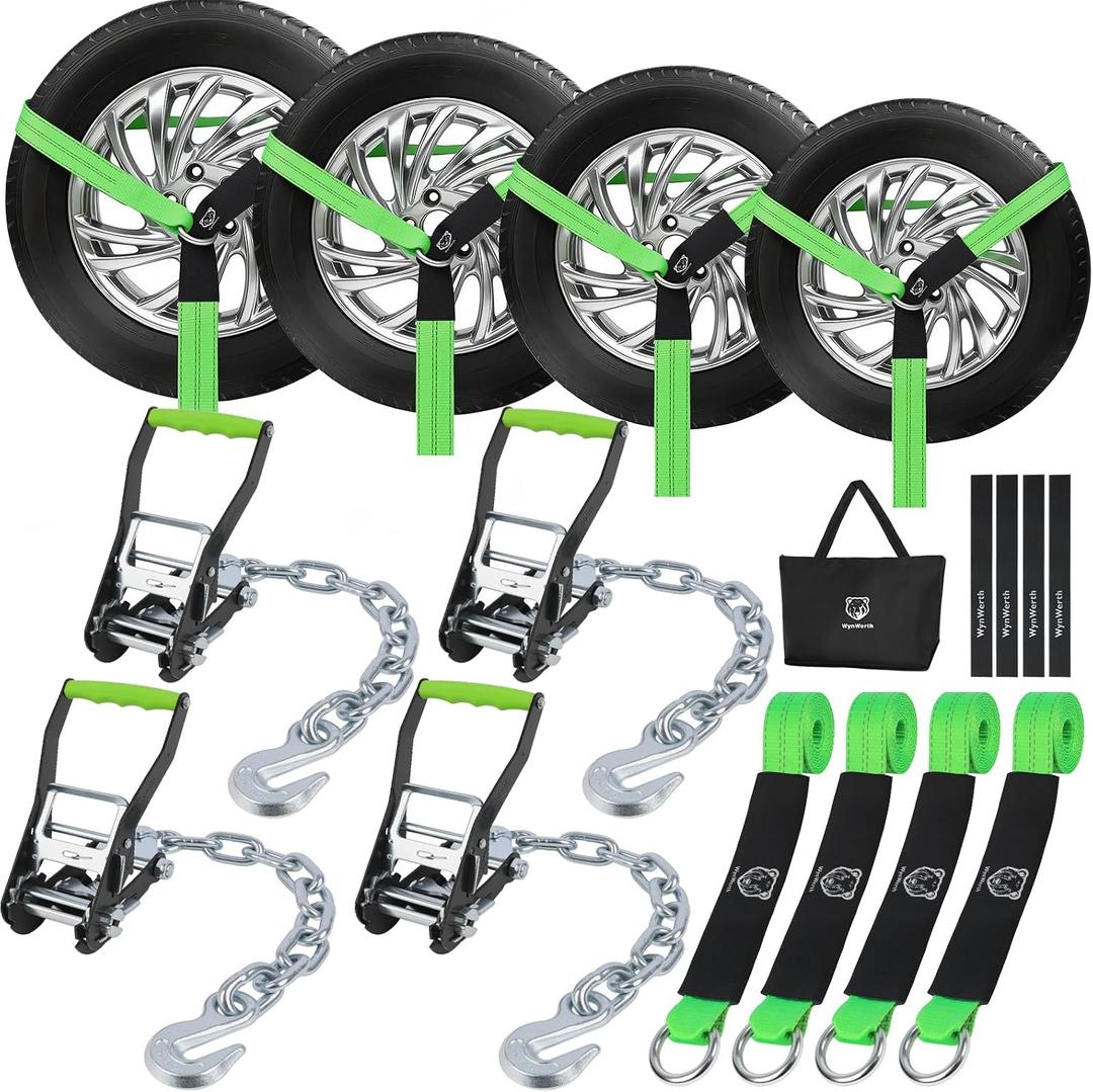 Car Tie Down Straps with Chain Anchors, 10,000LBS Break Strength, J Hooks