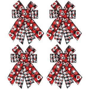 4 Pieces Valentines Day Wreath Bow, Love Hearts Red White Buffalo Plaid Bows for Wreaths - Small Burlap Bows for Valentine Gift Wreath Wedding Party Holiday Indoor Outdoor Decoration Supplies