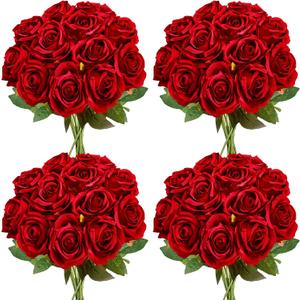 48 PCS Red Roses Artificial Flowers - Fake Silk Floral with Long Stems Bulk for Table Centerpieces DIY Bouquet Arrangements Wedding Party Bridal Shower Vase Decorations