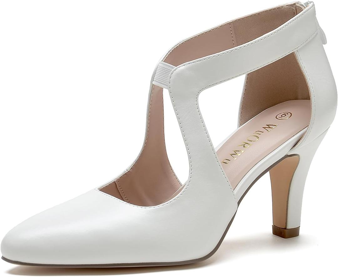 WuORWu Women's Closed Toe High Heel Pumps Dress Work Shoes for Office Business Comfortable Slip on Zippe 3 inch Heels(White pu 8)