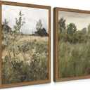 Vintage Landscape Wall Art Set of 2, Green Natural Wilderness Farmhouse Canvas Wall Decor Paintings, Retro Country Wildflower Oil Pictures Posters Prints for Living Room Bedroom 16x24 Inch Wood Framed