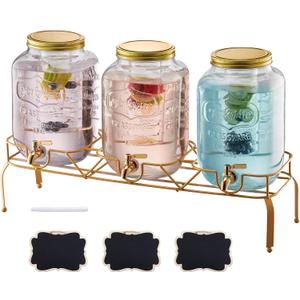 VEVOR Beverage Dispenser, 3 Pack 2 Gallon Drink Dispensers for Parties, Glass Juice Dispenser with Metal Stand, Stainless Steel Spigot, Infuser, Iced Tea Lemonade Juice Water Dispensers for Parties