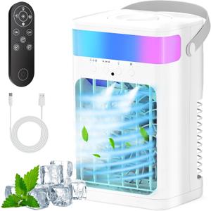 Portable Air Conditioner, Cooling Fan 3 Speeds & 3 Modes Personal Cooling Fan Mini Air Conditioner Fan with Remote, 1500ML Water Tank, Night Light, for Home Office Bedroom
