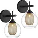 Black Wall Sconce Set of 2, Bathroom Vanity Light Fixture with Clear Glass and Honeycomb Metal Shade, Sconces Wall Lighting for Mirror Bedroom Hallway, AD-22001-1W2-BK