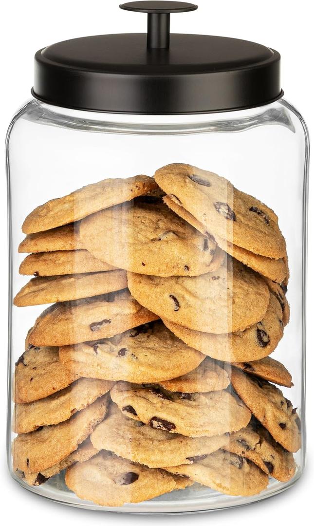 1 Gallon Glass Cookie Jar with Matte Black Metal Lids Airtight Storage Container - Ideal for Food, Treats, Candy, Dried Food - Perfect for Kitchen or Laundry Room - Pack of 1