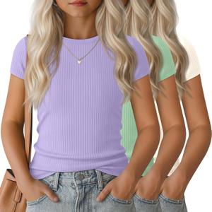 Oakgarden 3 Pack Girls' Shirts Teen Summer Ribbed Top Short Sleeve Vacation T-Shirt Cute Basic Tees for Kids Ages 5-14