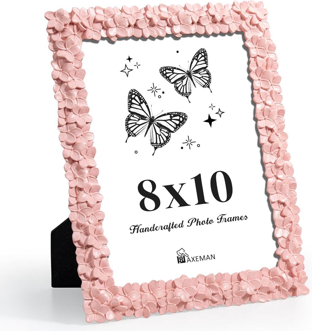 Axeman 8x10 Picture Frame, Flower Textured Hand-Crafted Resin Cute Photo Frame with HD-Tempered Glass for Tabletop & Wall Display, Decorative Floral Design Home Dcor, Art, Wedding, Pink
