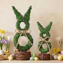 RattanView 2 Pcs Easter Decor Rattan Bunny for Home Table Centerpieces Bunny Decor 11" and 14" Easte Artificial Rabbit Table Decoration with Bow and Basket Spring Figurines Standing Rabbit