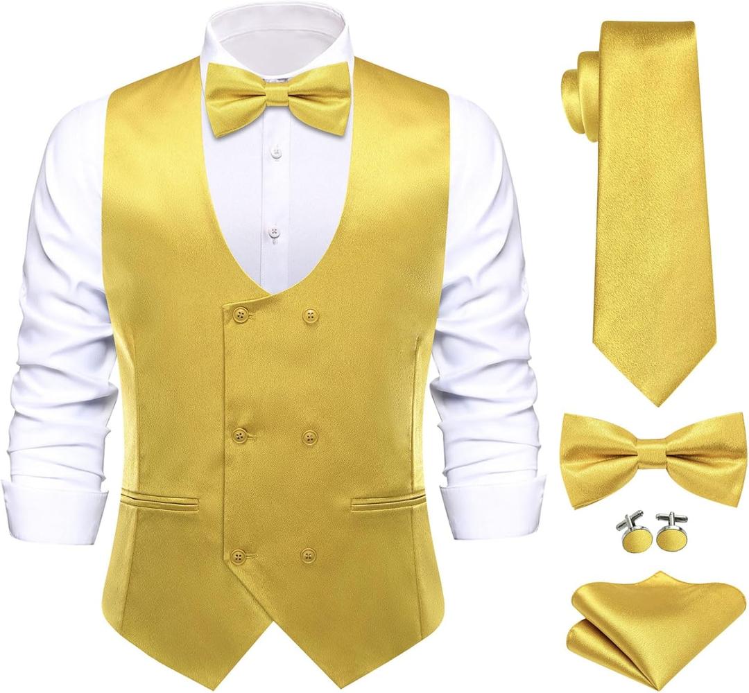 Hi-Tie Mens Satin Suit Vest for Men Silk Double Breasted Formal Suit Vest Pretied Bowtie Tie Handkerchief Cufflinks (Yellow)
