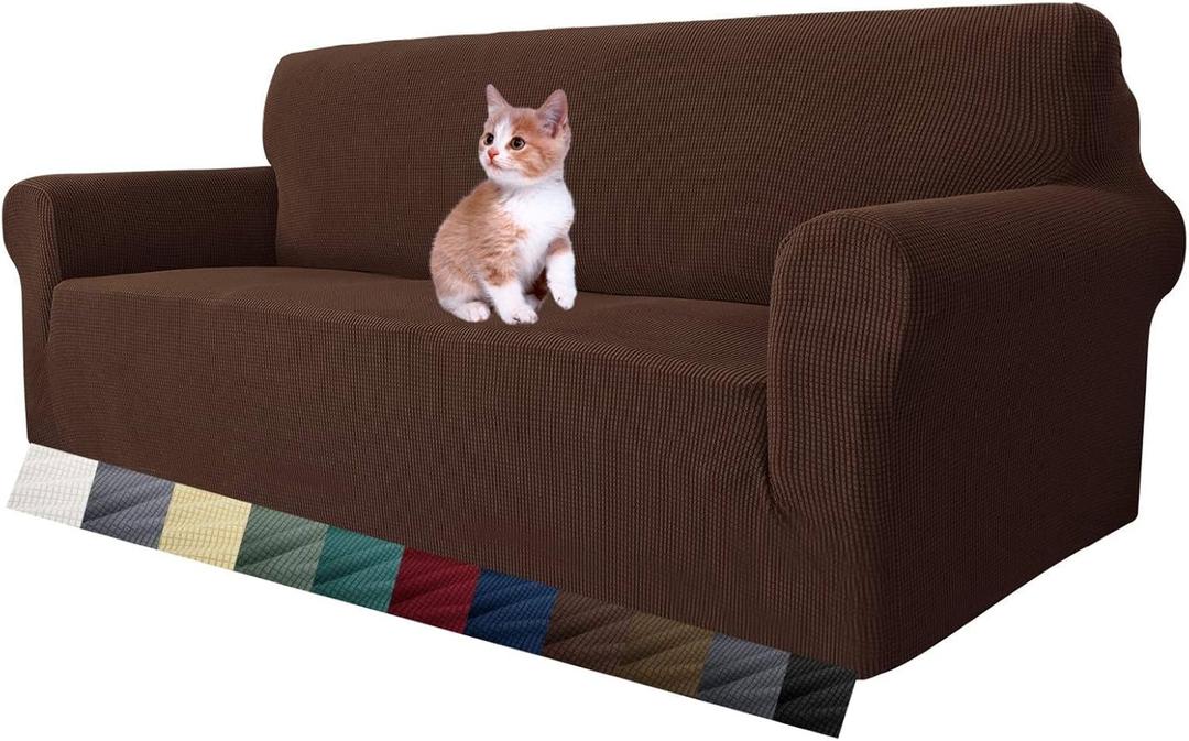 MAXIJIN Super Stretch Couch Cover for 3 Cushion Couch, 1-Piece Universal Sofa Covers Living Room Jacquard Spandex Furniture Protector Dogs Pet Friendly Fitted (Large, Coffee)