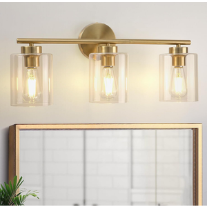 3 Light Gold Bathroom Vanity Light, 22 inch Bathroom Lighting Fixtures Over Mirror, Modern Brass Vanity Light with Clear Glass Shades, E26 Socket