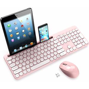 LeadsaiL Pink Wireless Keyboard and Mouse Combo, Full-Sized Ergonomic Computer Keyboard with Phone Tablet Holder, 2.4GHz Silent Cordless Keyboard Mouse Set for Windows Laptop, PC, Desktop