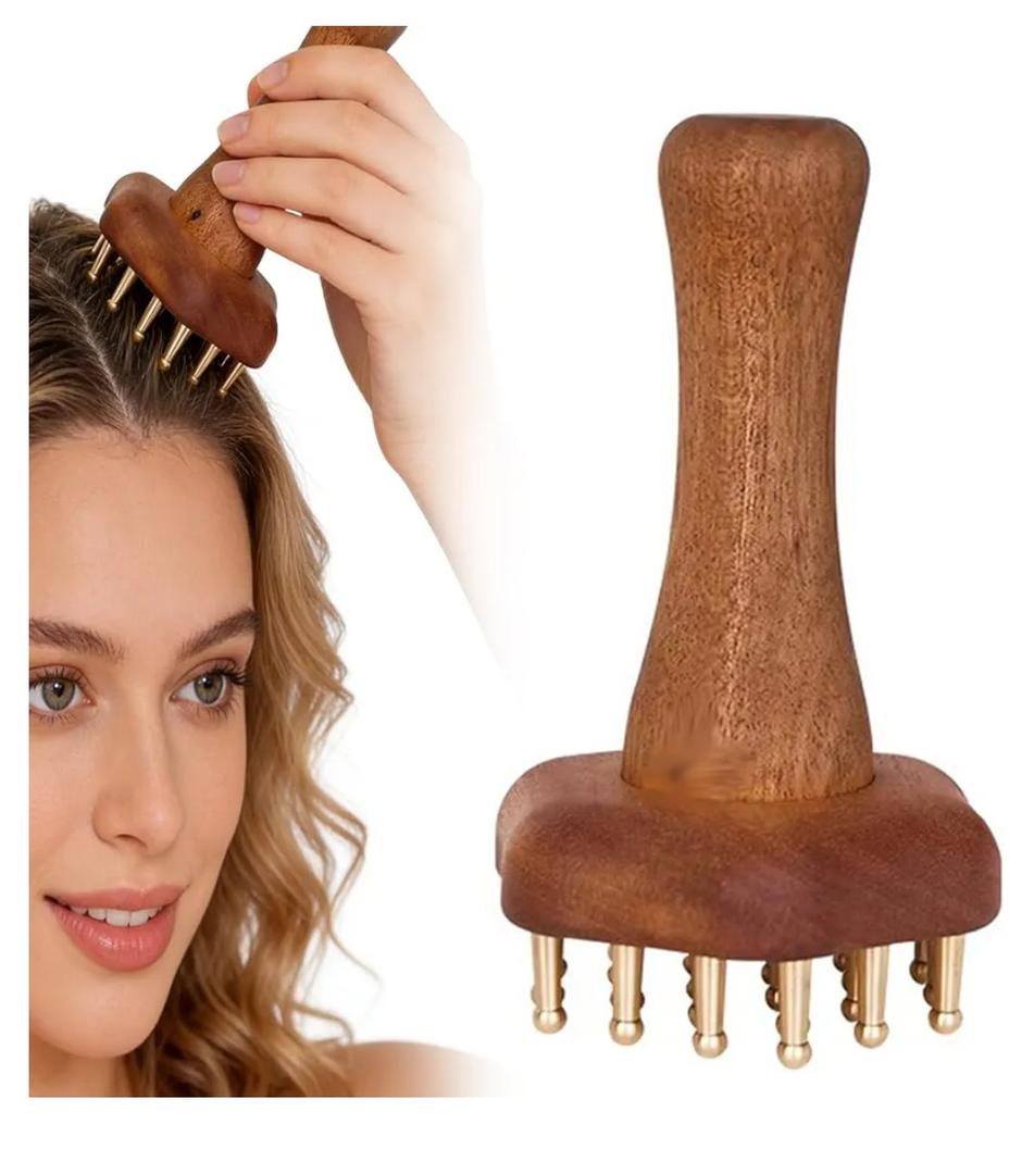 24teeth Copper Head Massage Comb for Body and Scalp Meridian Point Massager Brush for Body and Scalp Relief Body Massage Brush for Cellulite Remover Chinese SPA Gua Sha Tool Wooden Handle